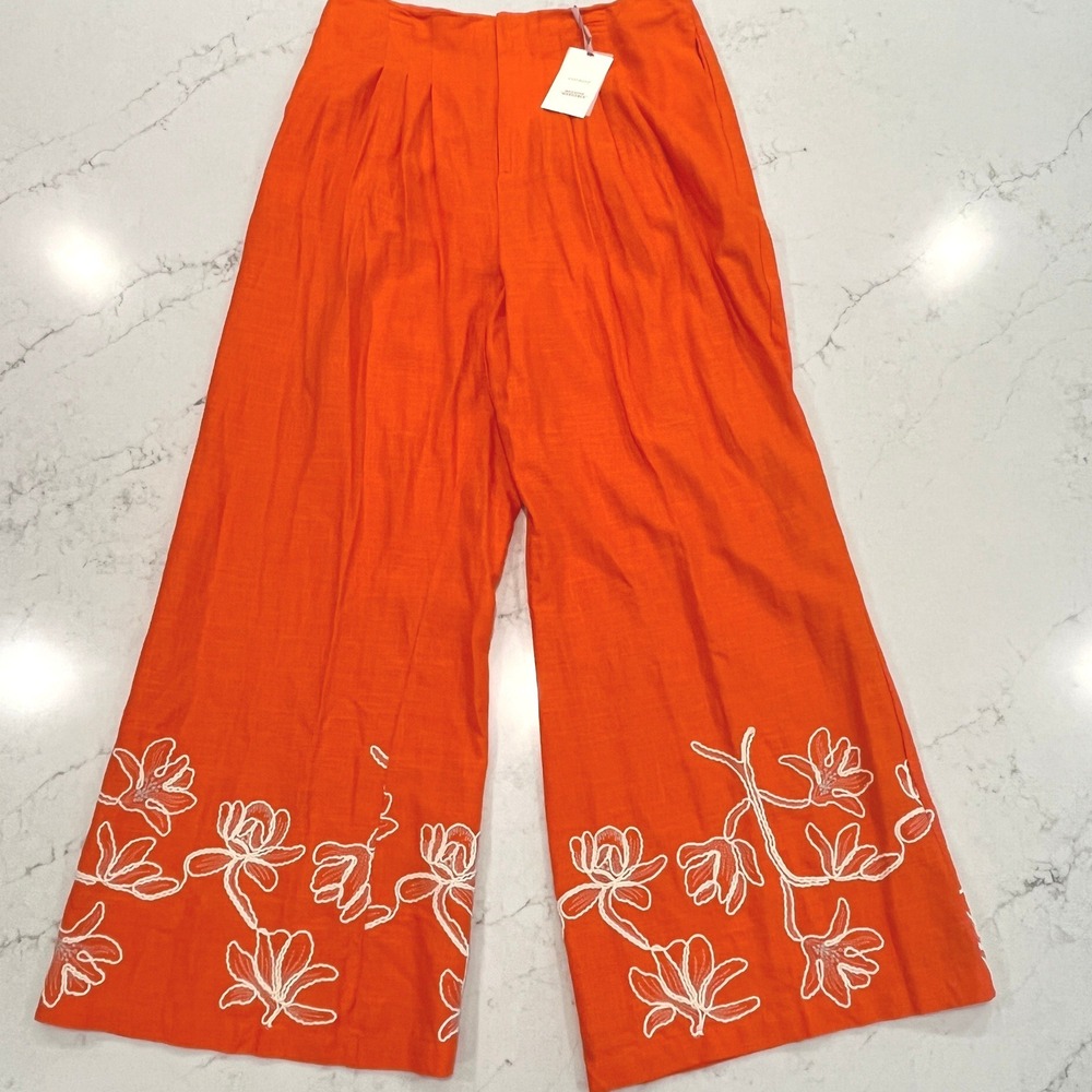 Alex Marie NEW Lola Wide Leg Pant Floral Embroidered Womens 16 Orange Linen Blnd